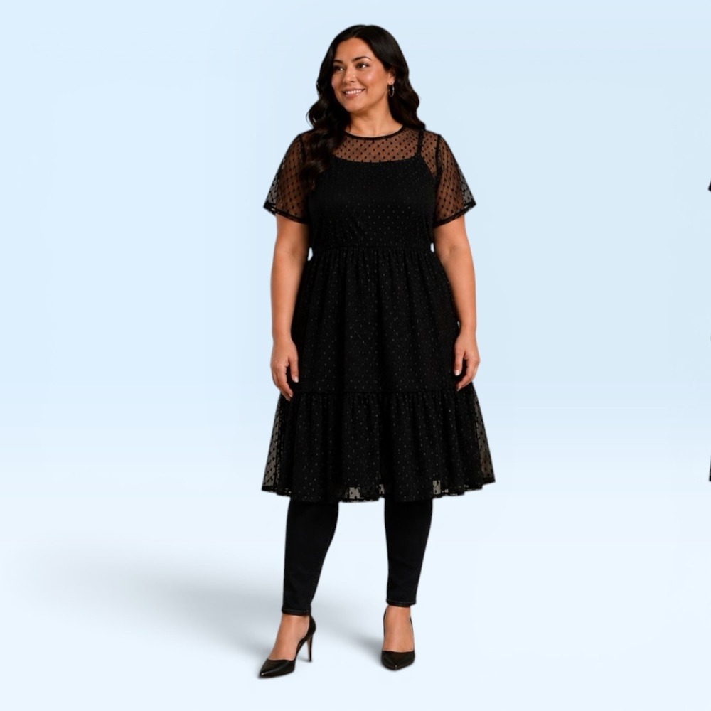 Forever Rose Couture Black Swiss Dot Sheer‎ Mesh Tiered Babydoll Dress 3X Plus